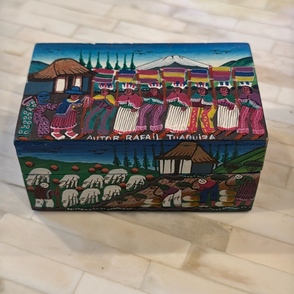 Vintage Equador Hand Painted Folk Art Hinged Blue Muti Trinket Box